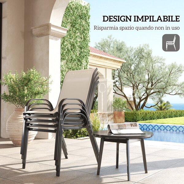 Outsunny Set 4 Sedie da Giardino Impilabili con Braccioli Curvi, in Acciaio e Tessuto Traspirante, 54x71x93 cm, Beige | Aosom Italy