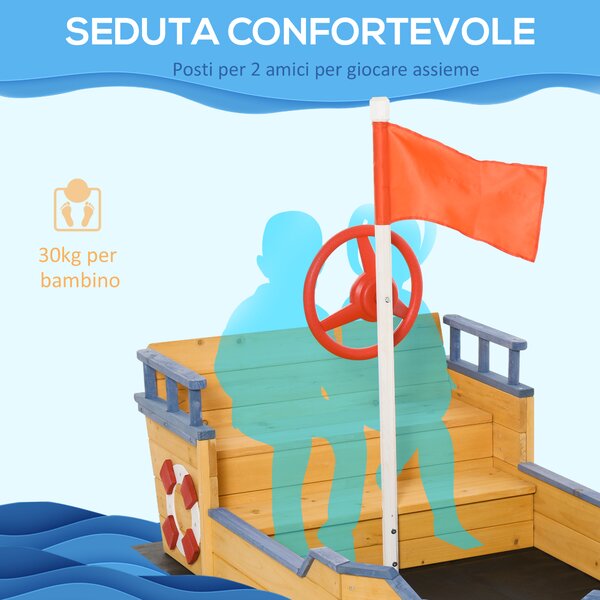Sabbiera A Forma Di Barca AXI Doris In Legno, Con Panca E Vela, 153x90x100 Cm, Per Bambini Da 3 Anni