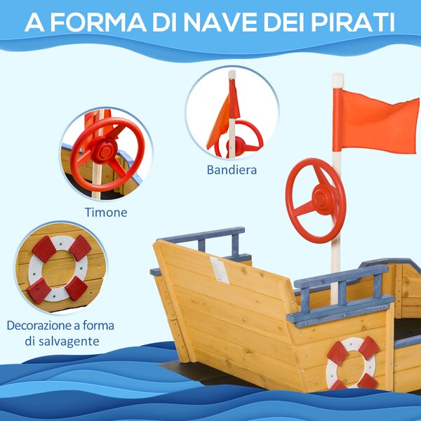 Outsunny Sabbiera per Bambini in Legno a Forma di Nave dei Pirati con Vano Contenitore, Gioco da Giardino 158x78x45.5cm|Aosom