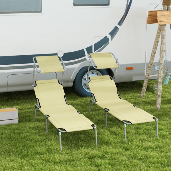 Set 2 Sdraio da Giardino 187x58x36 cm Pieghevoli con Schienale e Tettuccio Regolabili Beige