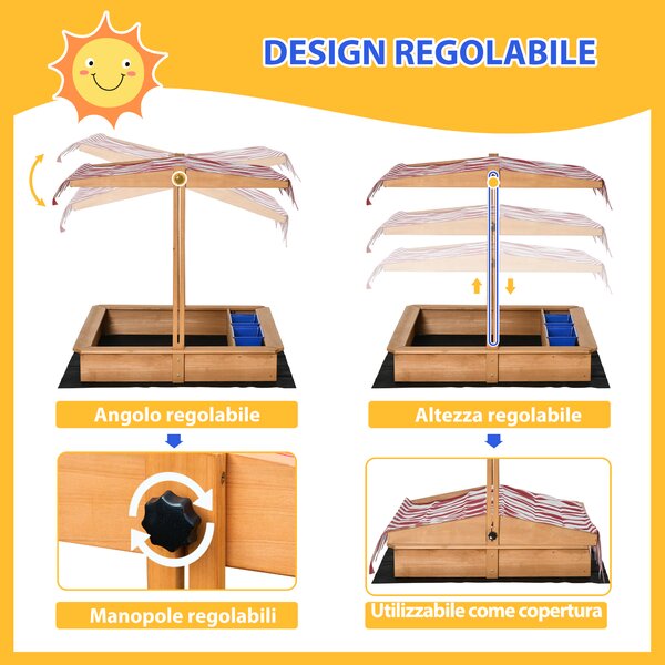 Outsunny Sabbiera per Bambini in Legno con Tettuccio Regolabile in Altezza, Gioco da Giardino con Sedute sui Bordi e Vaschette, 107.5x107.5x110cm