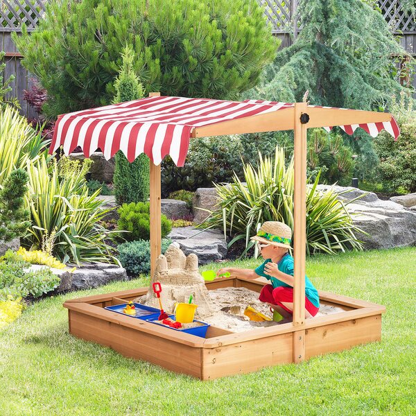 Outsunny Sabbiera per Bambini in Legno con Tettuccio Regolabile in Altezza, Gioco da Giardino con Sedute sui Bordi e Vaschette, 107.5x107.5x110cm