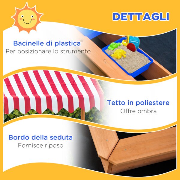 Outsunny Sabbiera per Bambini in Legno con Tettuccio Regolabile in Altezza, Gioco da Giardino con Sedute sui Bordi e Vaschette, 107.5x107.5x110cm