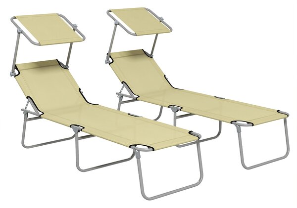 Set 2 Sdraio da Giardino 187x58x36 cm Pieghevoli con Schienale e Tettuccio Regolabili Beige