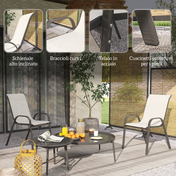 Outsunny Set 2 Sedie da Giardino Impilabili con Braccioli Curvi, in Acciaio e Tessuto Traspirante, 54x71x93 cm, Grigio Chiaro | Aosom Italy