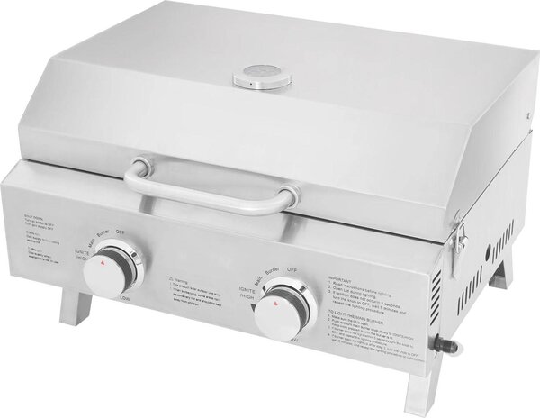 Barbecue a gas portatile in acciaio inossidabile spazzolato - Barbecue da tavolo a 2 fuochi - Pieghevole - Per esterni - 55,8 x 45 x 38 cm - Argento