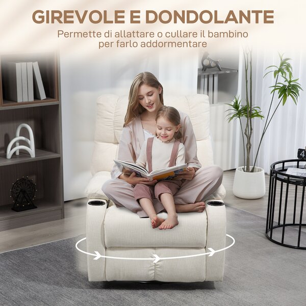 HOMCOM Poltrona Reclinabile 135° con Portabicchieri e Poggiapiedi, in Tessuto Effetto Lino, 88x96x108 cm, Beige | Aosom Italy