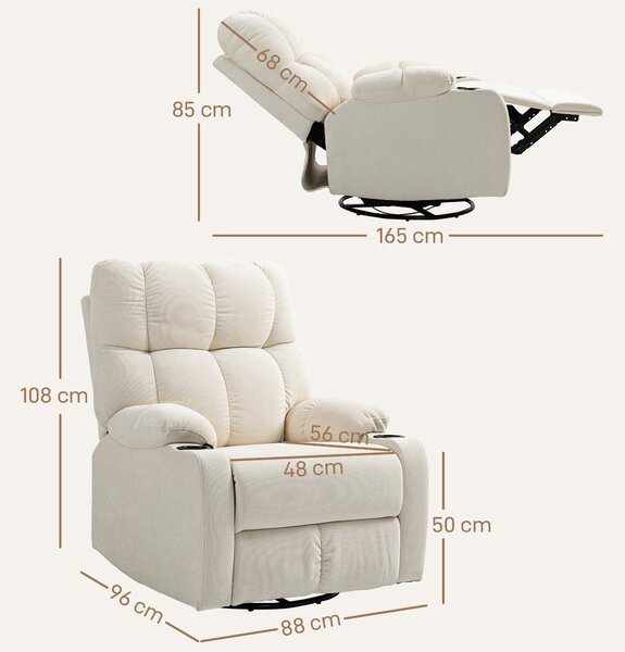 HOMCOM Poltrona Reclinabile 135° con Portabicchieri e Poggiapiedi, in Tessuto Effetto Lino, 88x96x108 cm, Beige | Aosom Italy