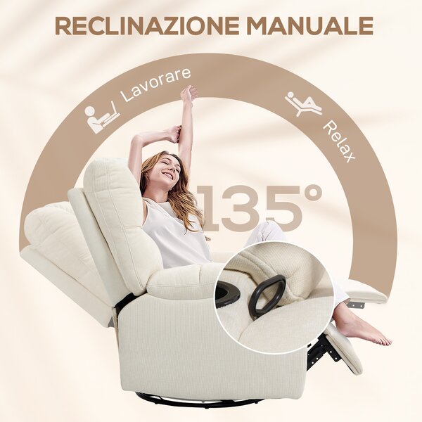 HOMCOM Poltrona Reclinabile 135° con Portabicchieri e Poggiapiedi, in Tessuto Effetto Lino, 88x96x108 cm, Beige | Aosom Italy
