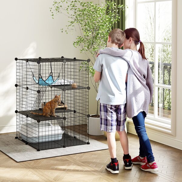 Gabbia per Gatti Recinto Personalizzabile 3 Livelli 70x70x105 cm in Acciaio Verniciato Nero