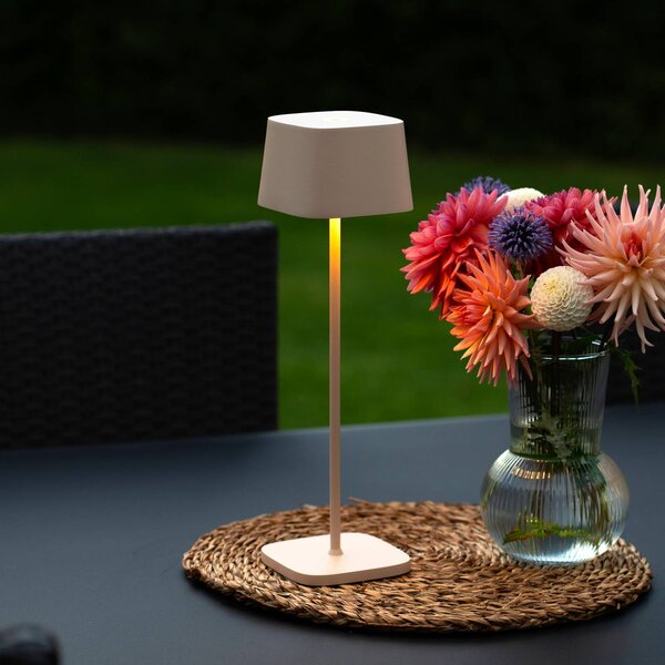 Konstsmide Lampada da tavolo LED ricaricabile Capri, altezza 36 cm, color sabbia, IP54 dimmerabile, Crema / Ambra, Soggiorno / Sala da pranzo, Alluminio, Moderno