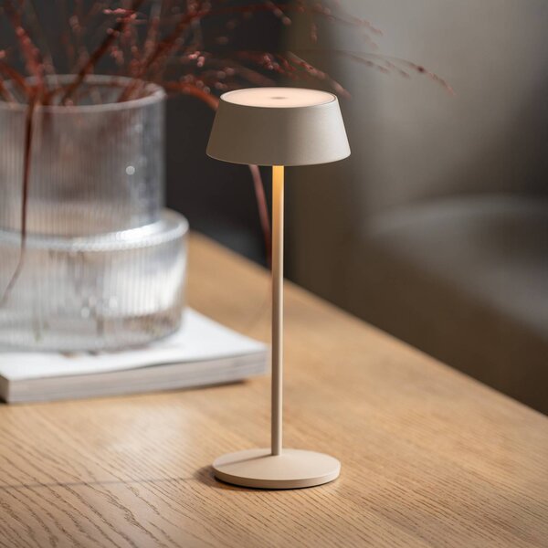 Konstsmide Lampada LED da tavolo ricaricabile Menton, color sabbia, altezza 27 cm, IP54, dimmerabile, Crema / Ambra, Soggiorno / Sala da pranzo, Alluminio, Moderno