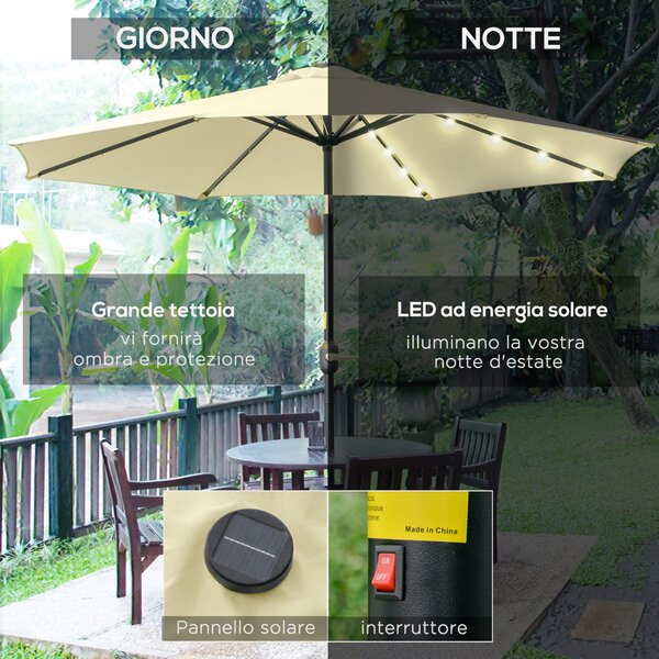 Outsunny Ombrellone da Giardino Inclinabile Ø265 cm con 32 Luci LED Solari e Manovella, Beige | Aosom Italy