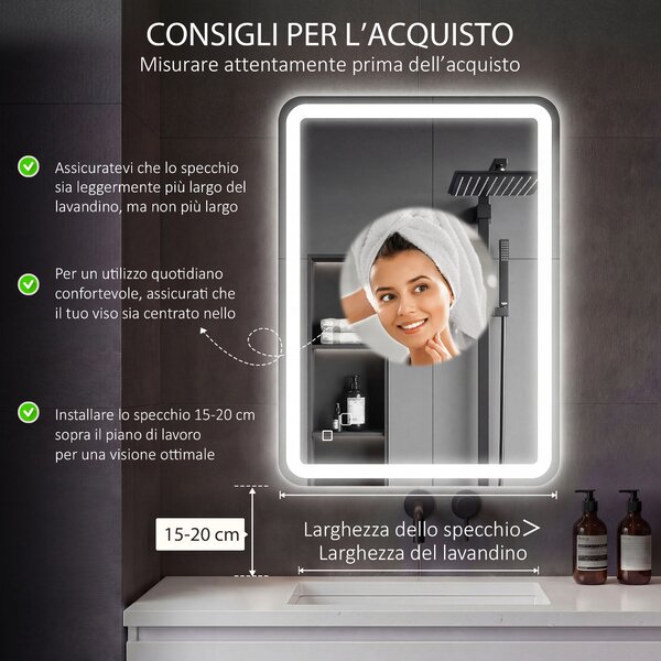 HOMCOM Specchio Bagno con Interruttore Touch, Luce LED a 3 Temperature e Antiappannamento, 70x100cm | Aosom Italy
