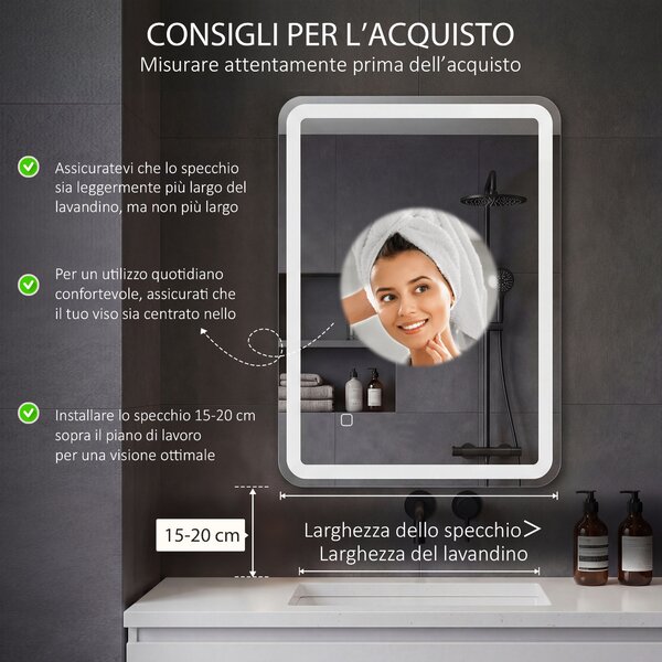 Kleankin Specchio Bagno con Interruttore Touch, Luce LED a 3 Temperature e Antiappannamento, 70x50cm