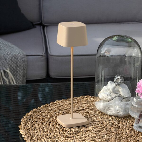 Konstsmide Lampada da tavolo LED ricaricabile Capri, altezza 25 cm, color sabbia, IP54 dimmerabile, Crema / Ambra, Soggiorno / Sala da pranzo, Alluminio, Moderno