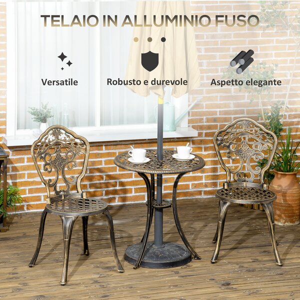 Outsunny Set Bistrò da Giardino 3 Pezzi con 2 Sedie da Giardino e Tavolino Rotondo con Foro per Ombrellone, Set Tavolo e Sedie da Giardino in Alluminio, per Patio, Cortile, Esterno, Bronzo | Aosom Italy