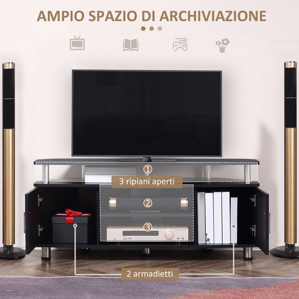 HOMCOM Mobile per TV moderno con 2 armadi scaffale vassoio tappettini antiscivoli gambe in acciaio inossidabile in legno per soggiorno nero|Aosom