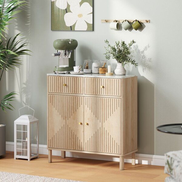HOMCOM Credenza Buffet in Legno con 2 Cassetti, Armadietto e Piano d'Appoggio Effetto Marmo, 77x30x80 cm, color Rovere | Aosom Italy