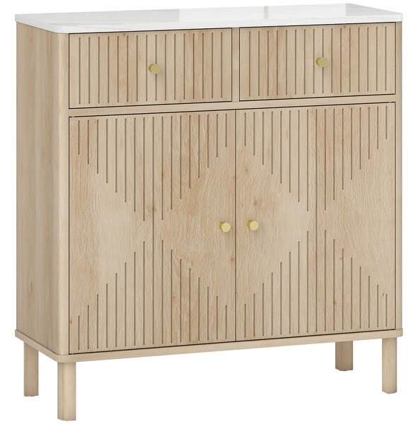 HOMCOM Credenza Buffet in Legno con 2 Cassetti, Armadietto e Piano d'Appoggio Effetto Marmo, 77x30x80 cm, color Rovere | Aosom Italy