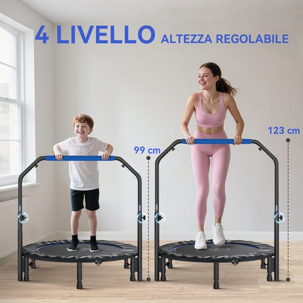 HOMCOM Mini Trampolino Fitness Ø114 cm Pieghevole con Manubrio Regolabile in Altezza, Blu e Nero | Aosom Italy