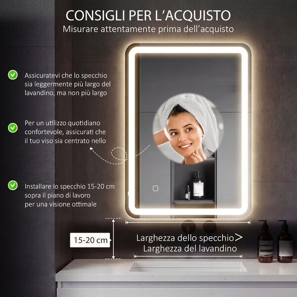 HOMCOM Specchio Bagno LED Touch con Luce Dimmerabile, a 3 Temperature e Antiappannamento, 60x80 cm | Aosom Italy