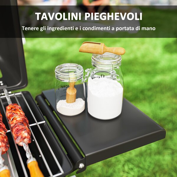 Outsunny Barbecue a Gas Portatile con 2 Bruciatori e 2 Tavolini, Coperchio con Termometro e Ruote, Nero