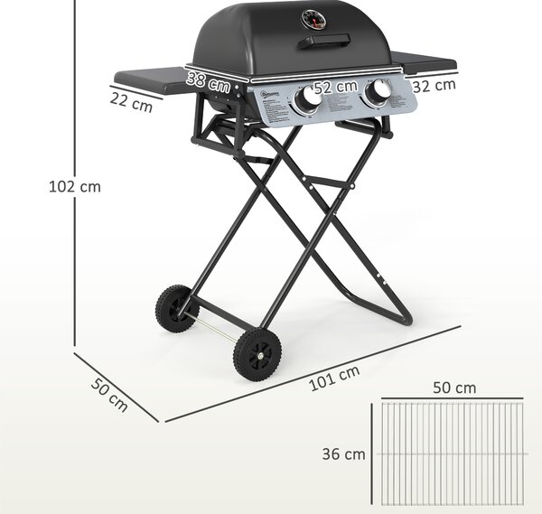 Outsunny Barbecue a Gas Portatile con 2 Bruciatori e 2 Tavolini, Coperchio con Termometro e Ruote, Nero