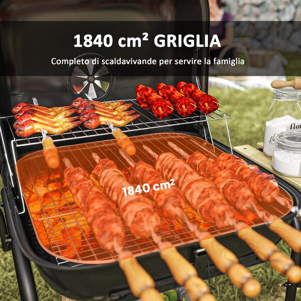 Outsunny Barbecue a Carbone con 3 Ripiani e Ruote, Coperchio con Presa d'Aria Regolabile, Rosso