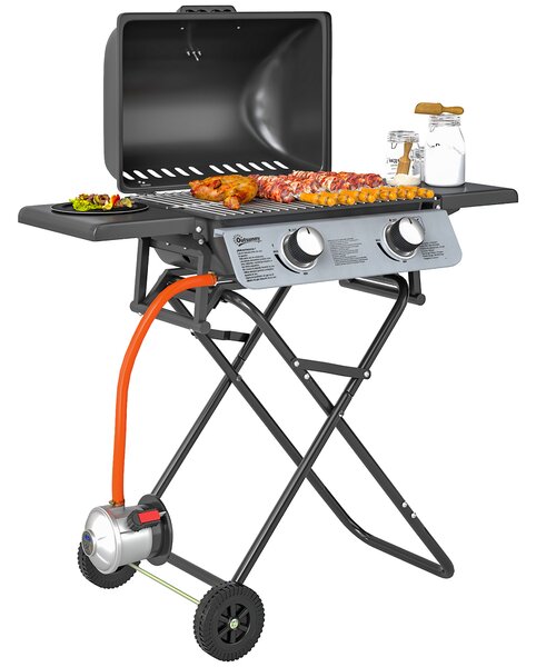 Outsunny Barbecue a Gas Portatile con 2 Bruciatori e 2 Tavolini, Coperchio con Termometro e Ruote, Nero