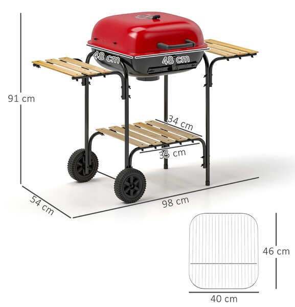Outsunny Barbecue a Carbone con 3 Ripiani e Ruote, Coperchio con Presa d'Aria Regolabile, Rosso