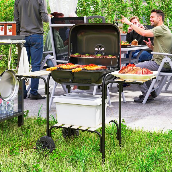 Outsunny Barbecue a Carbone con 3 Ripiani e Ruote, Coperchio con Presa d'Aria Regolabile, Rosso