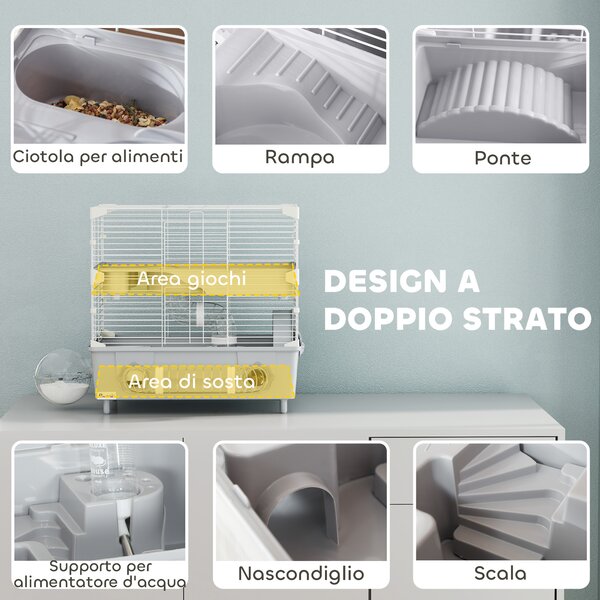 PawHut Gabbia per Criceti a 2 Livelli e 3 Porte con Ruota e Tubi, in Acciaio, PS e PP, 44.5x28x44 cm, Grigio e Bianco | Aosom Italy