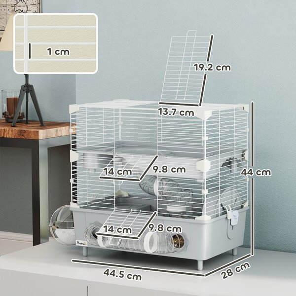 PawHut Gabbia per Criceti a 2 Livelli e 3 Porte con Ruota e Tubi, in Acciaio, PS e PP, 44.5x28x44 cm, Grigio e Bianco | Aosom Italy