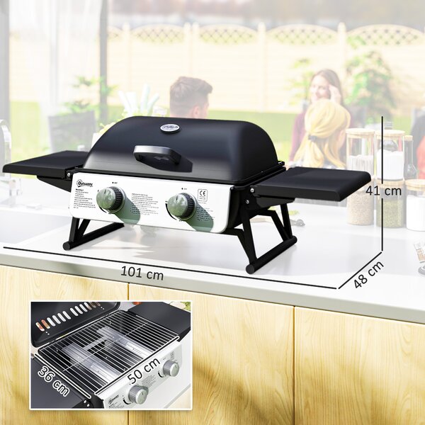 Outsunny Barbecue a Gas da Tavolo Trasportabile con 2 Bruciatori, Coperchio e Ripiani Laterali, 101x48x41 cm, Nero | Aosom Italy