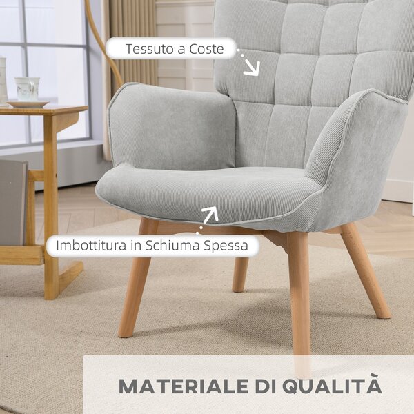 HOMCOM Poltrona Relax con Pouf Poggiapiedi in Velluto a Costine con Schienale Alto e Braccioli, Grigio | Aosom Italy