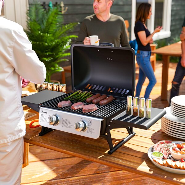 Outsunny Barbecue a Gas da Tavolo Trasportabile con 2 Bruciatori, Coperchio e Ripiani Laterali, 101x48x41 cm, Nero | Aosom Italy
