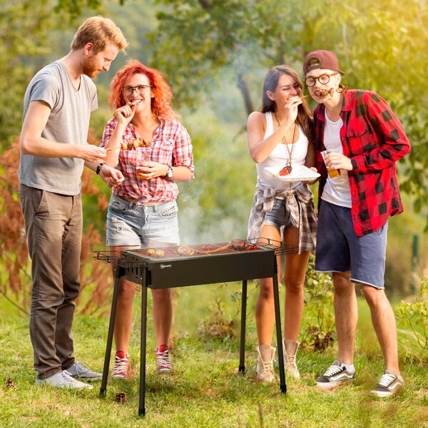 Barbecue a Carbonella 94x39x70 cm 2 Griglie e Cestini Laterali in Acciaio e Metallo Nero