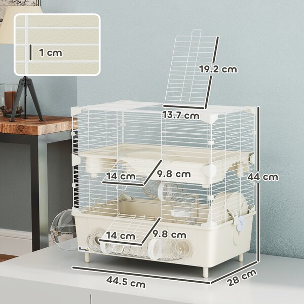 PawHut Gabbia per Criceti a 2 Livelli e 3 Porte con Ruota e Tubi, in Acciaio, PS e PP, 44.5x28x44 cm, Crema e Bianco | Aosom Italy