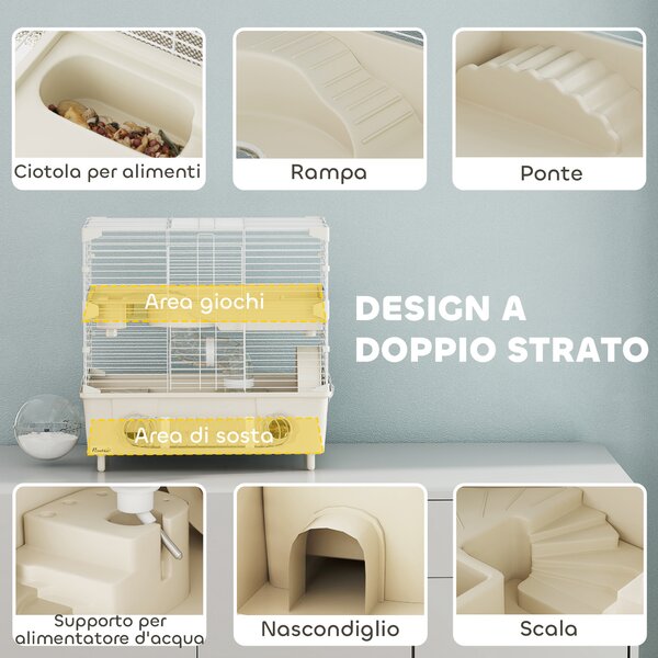 PawHut Gabbia per Criceti a 2 Livelli e 3 Porte con Ruota e Tubi, in Acciaio, PS e PP, 44.5x28x44 cm, Crema e Bianco | Aosom Italy