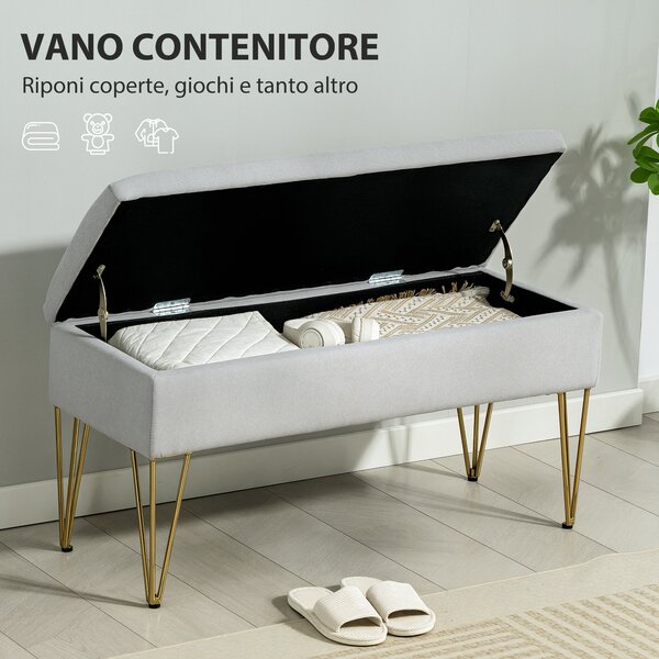 HOMCOM Panca Fondo Letto con Contenitore in Tessuto e Gambe in Acciaio, 100x40x49 cm, Grigio Chiaro | Aosom Italy