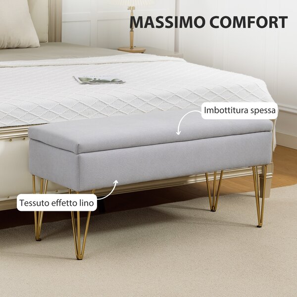 HOMCOM Panca Fondo Letto con Contenitore in Tessuto e Gambe in Acciaio, 100x40x49 cm, Grigio Chiaro | Aosom Italy