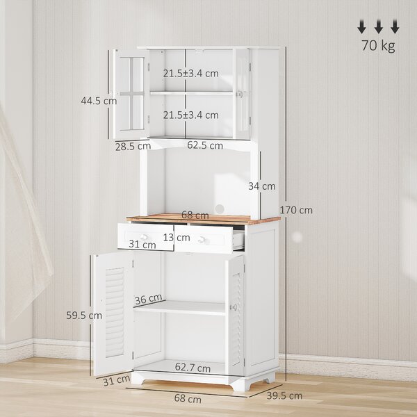 HOMCOM Credenza Alta per Cucina, Mobile Buffet in Legno Bianco, Armadio Dispensa in Stile Classico, Bianco, 68x39.5x170cm|Aosom