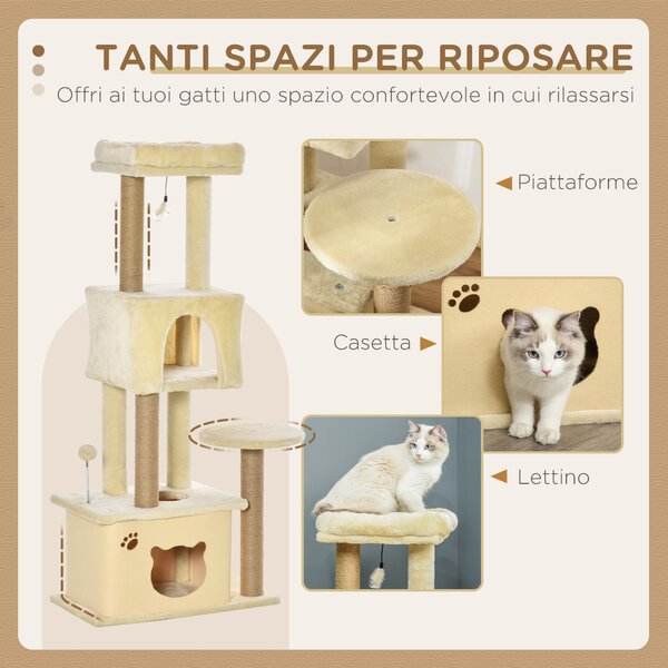 PawHut Albero Tiragraffi per Gatti Alto 136 cm con Cuccia Rimovibile, Casetta e Lettino, Pali in Iuta, Beige | Aosom Italy