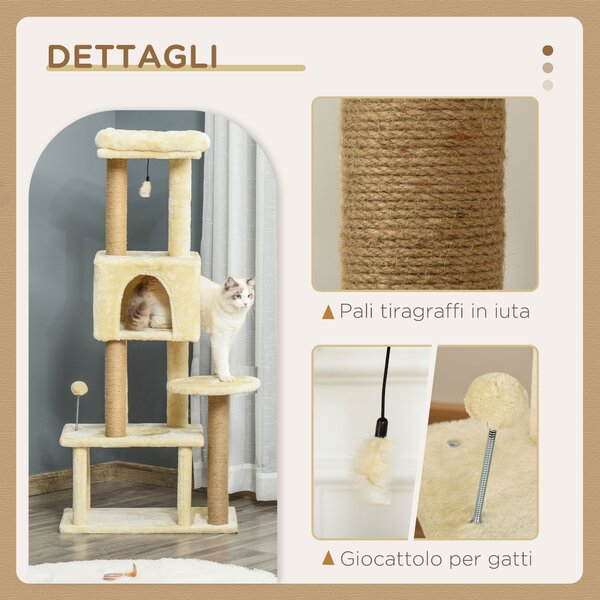 PawHut Albero Tiragraffi per Gatti Alto 136 cm con Cuccia Rimovibile, Casetta e Lettino, Pali in Iuta, Beige | Aosom Italy