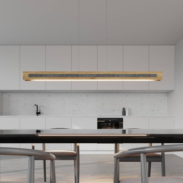 Elobra Lampada LED a sospensione Chile S, rovere/granito, lunghezza 116 cm dimmerabile, Legno chiaro, Soggiorno / Sala da pranzo, Legno, Moderno