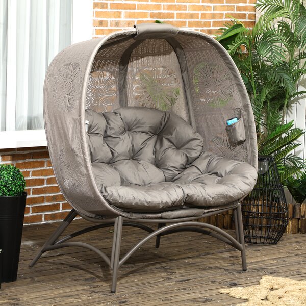 Outsunny Lettino da Giardino 2 Posti con Copertura Decorata e Cuscino Spesso, 126x75x142 cm, Marrone | Aosom Italy