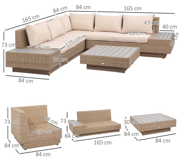 Outsunny Set da Giardino 4 Pezzi con Cuscini e Tavolini, Divano Angolare in Rattan, Marrone chiaro | Aosom Italy
