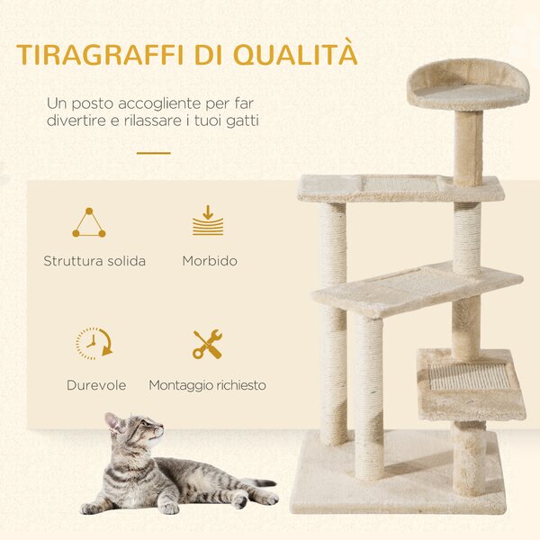 PawHut Tiragraffi Gatti Trespolo Multilivello in Sisal, Albero per Gatti con Piattaforme e Cuccia in Peluche Beige, 50x50x100cm|Aosom