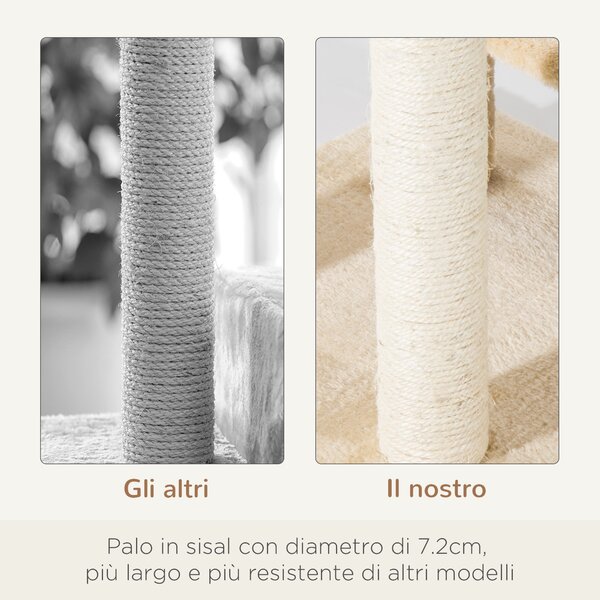 PawHut Tiragraffi Gatti Trespolo Multilivello in Sisal, Albero per Gatti con Piattaforme e Cuccia in Peluche Beige, 50x50x100cm|Aosom